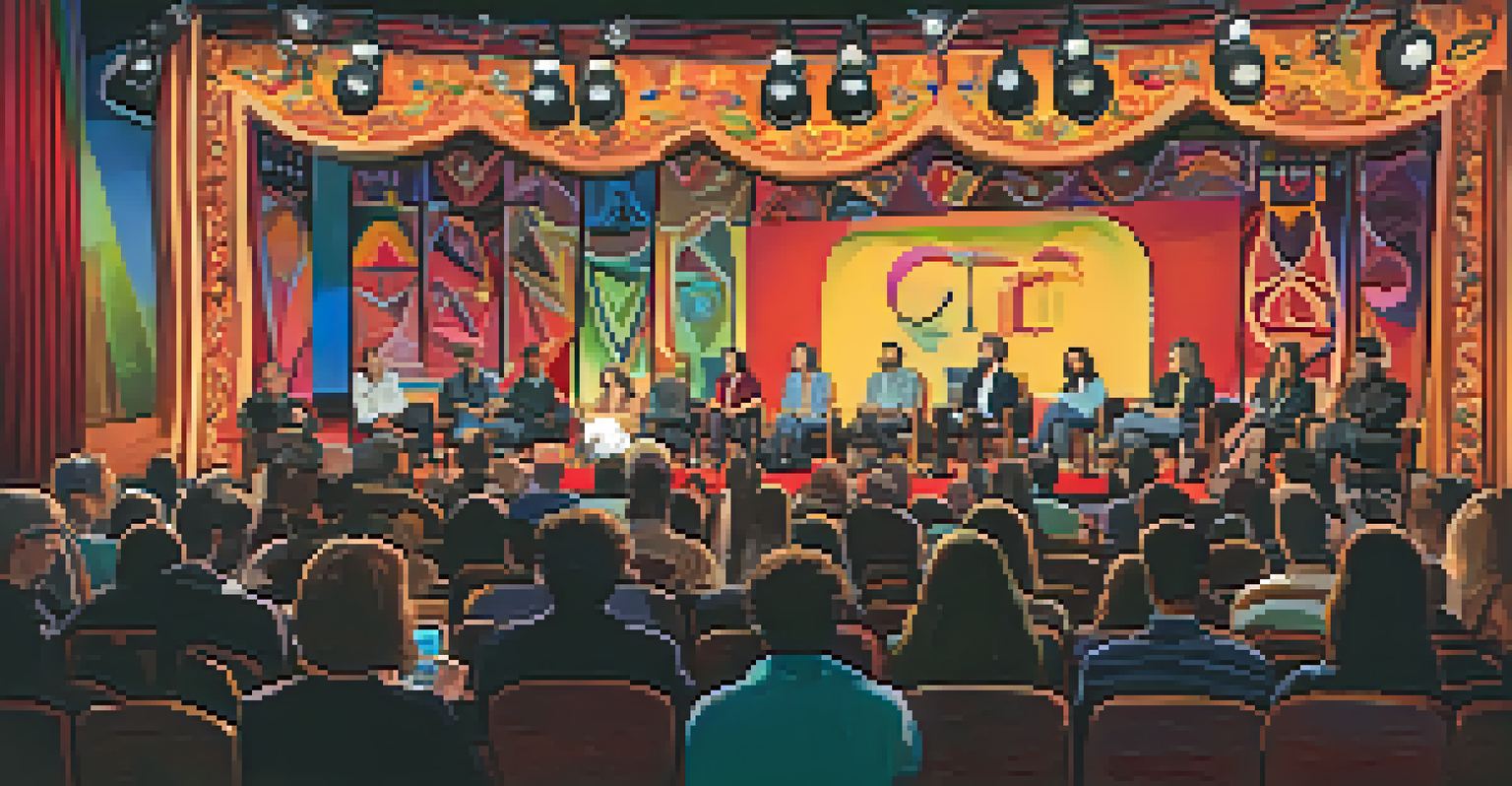 A panel discussion at Tucson Film Festival with diverse filmmakers sharing experiences, set against vibrant decorations and soft stage lighting.