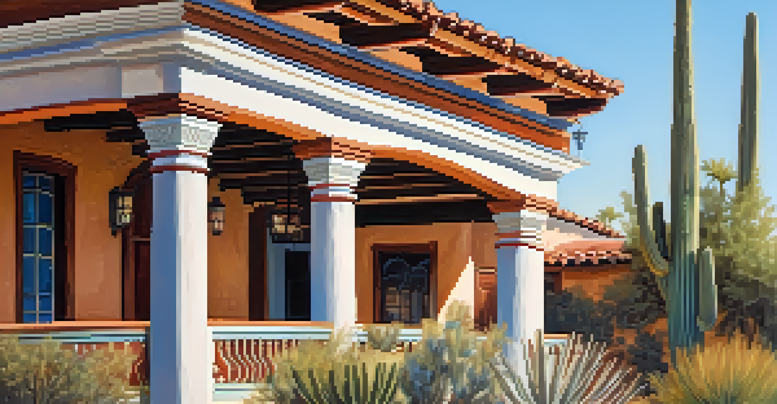 A close-up view of a restored historical building in Tucson with intricate architectural details and desert flora.