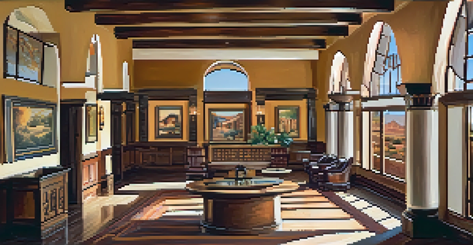A historic hotel lobby in Tucson with adobe architecture, vintage decor, and sunlight streaming through windows.