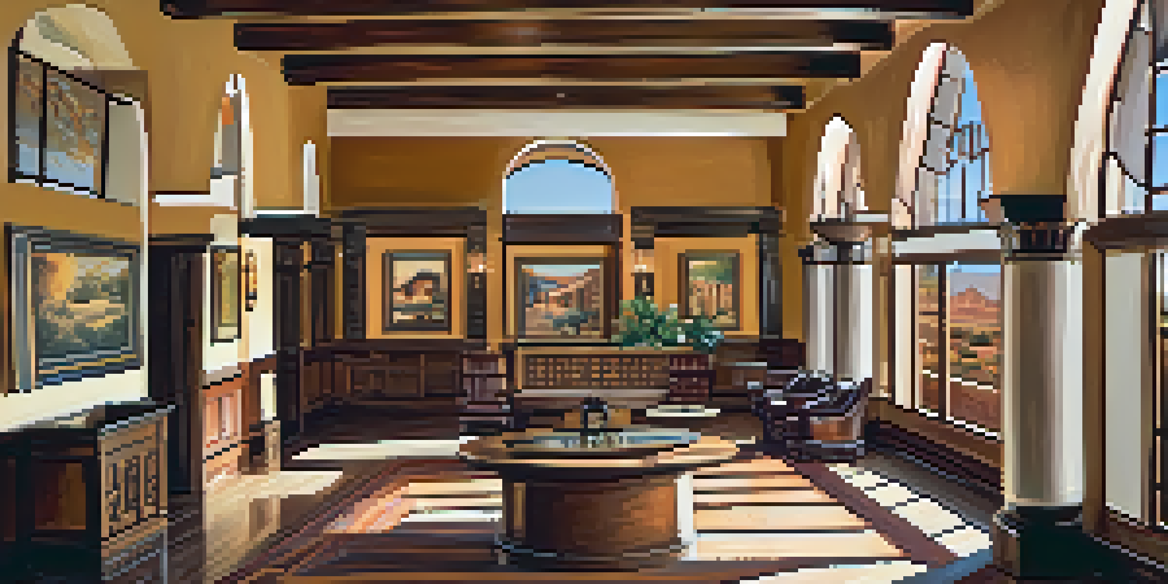 A historic hotel lobby in Tucson with adobe architecture, vintage decor, and sunlight streaming through windows.