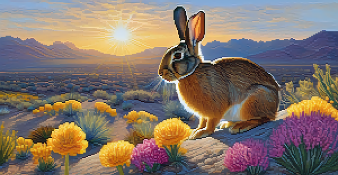 A colorful spring desert scene in Tucson with blooming wildflowers and a desert cottontail rabbit, under a clear blue sky filled with birds.