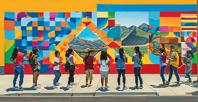 A group of diverse students painting a large mural together, depicting cultural patterns and symbols in bright colors under a clear sky.