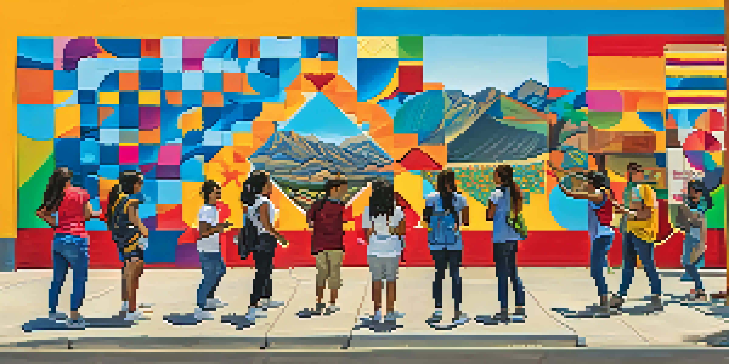 A group of diverse students painting a large mural together, depicting cultural patterns and symbols in bright colors under a clear sky.