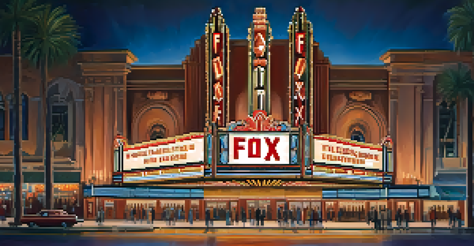 The Fox Theatre in Tucson at night, showcasing its Art Deco marquee and vibrant atmosphere with people outside.