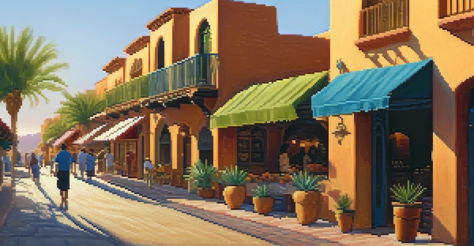 A colorful street scene in Tucson with adobe buildings and market stalls during sunset.