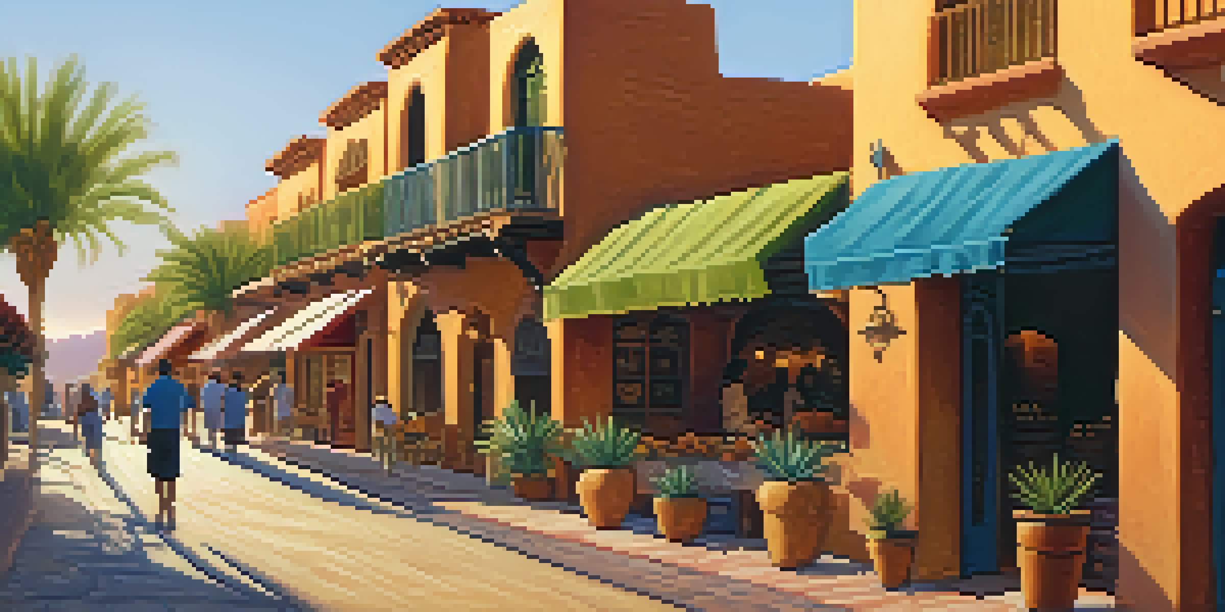 A colorful street scene in Tucson with adobe buildings and market stalls during sunset.