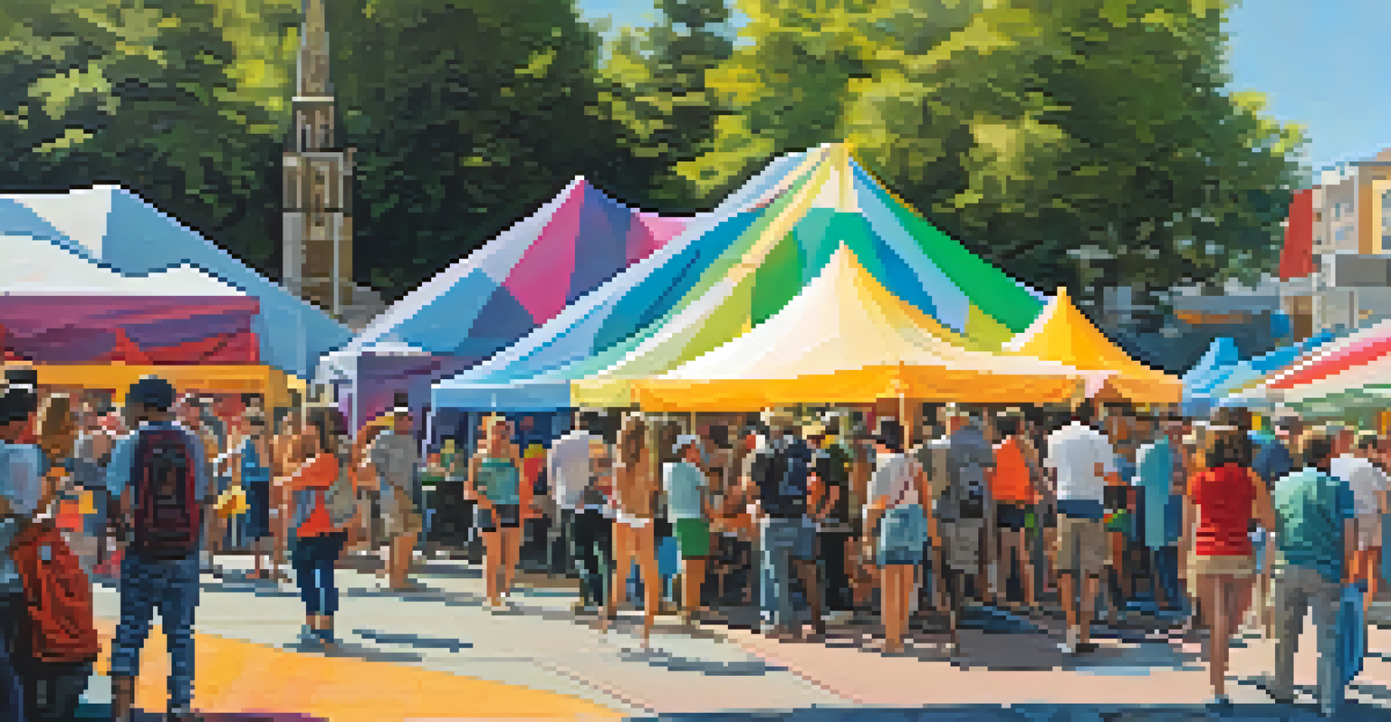 A vibrant outdoor art festival with people exploring public art installations and artist booths.