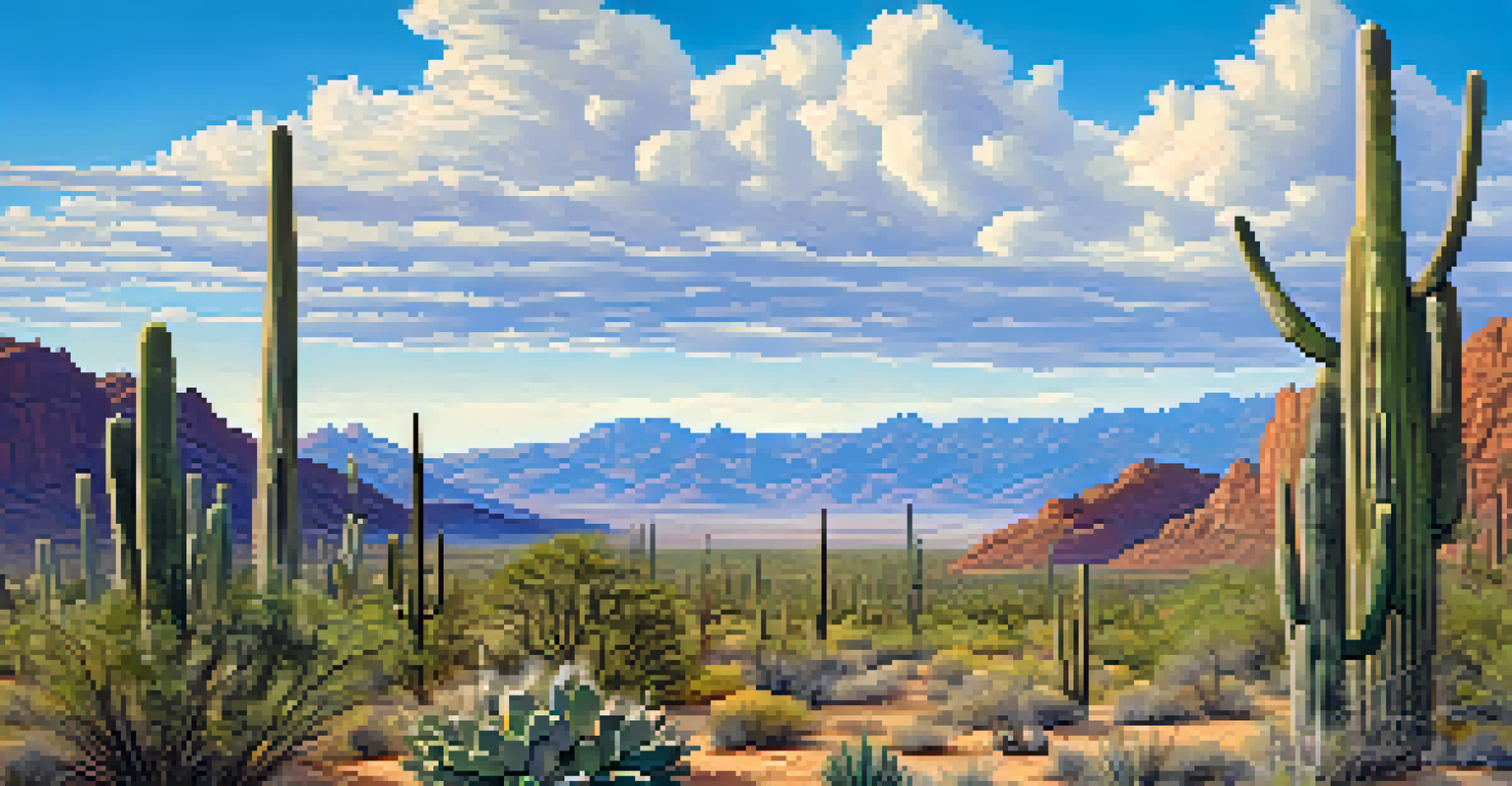A panoramic view of Saguaro National Park with numerous tall saguaros under a blue sky and desert landscape.