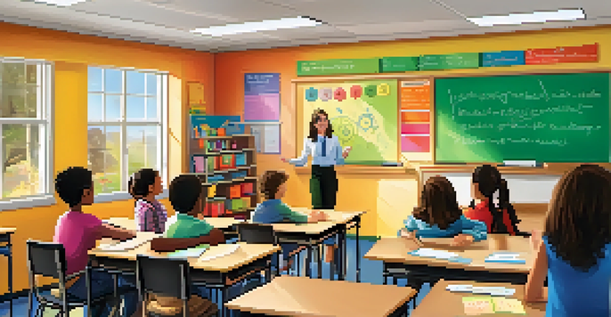 A teacher using an interactive whiteboard in a colorful classroom with engaged students collaborating at their desks.