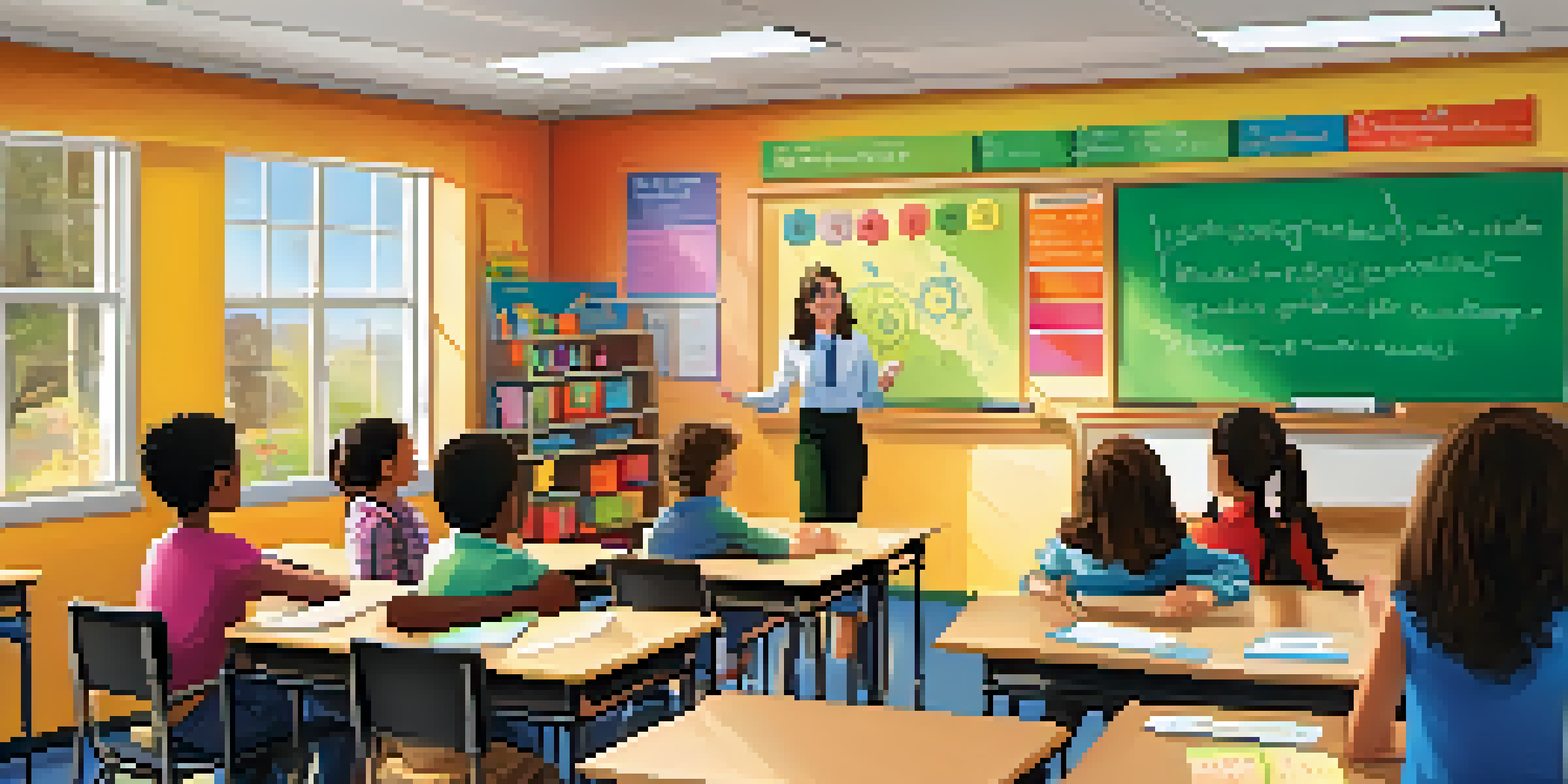 A teacher using an interactive whiteboard in a colorful classroom with engaged students collaborating at their desks.
