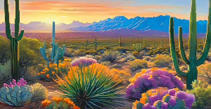 A scenic desert landscape in Tucson, Arizona, featuring cacti and wildflowers under a bright blue sky and mountains in the background.