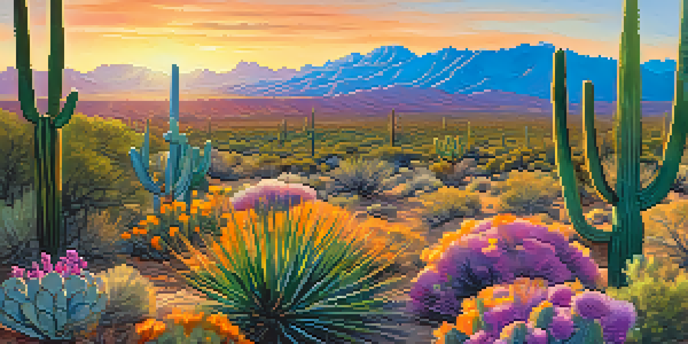 A scenic desert landscape in Tucson, Arizona, featuring cacti and wildflowers under a bright blue sky and mountains in the background.