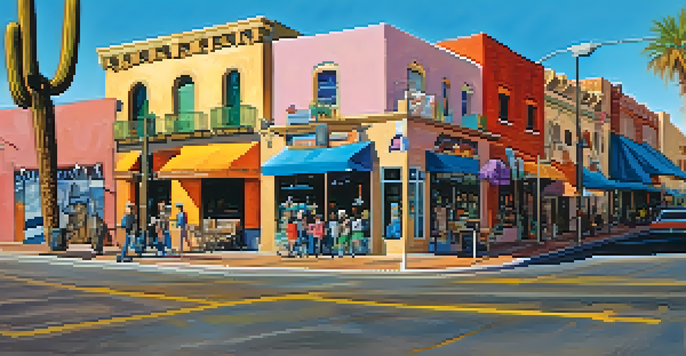A lively street scene in Tucson's Fourth Avenue filled with shops, street art, and pedestrians enjoying the atmosphere.