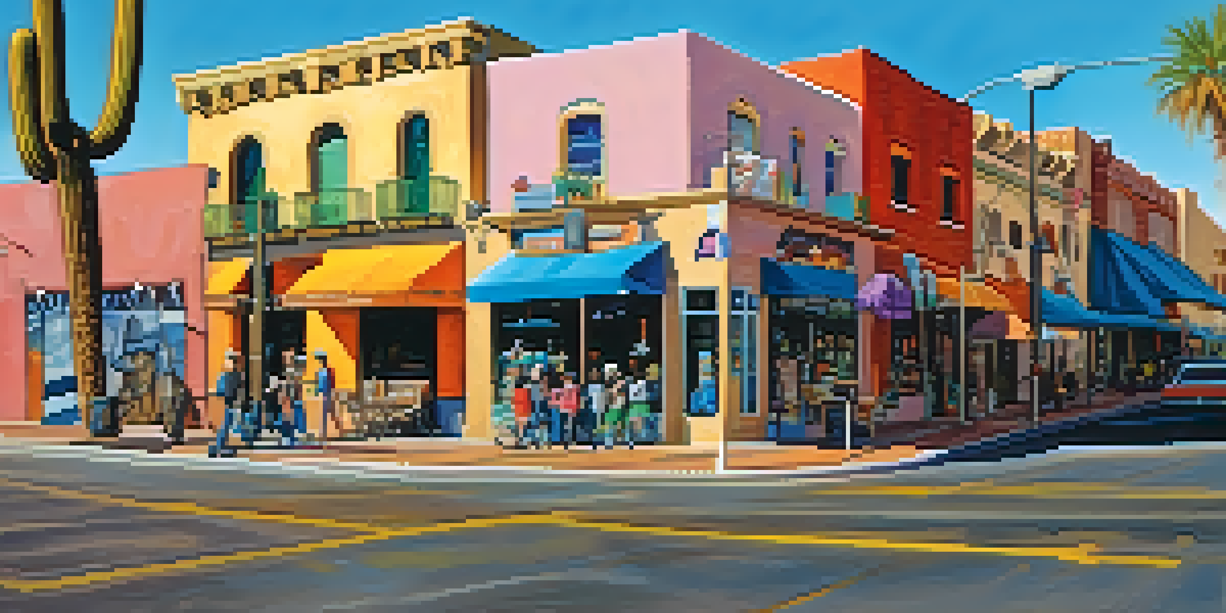 A lively street scene in Tucson's Fourth Avenue filled with shops, street art, and pedestrians enjoying the atmosphere.