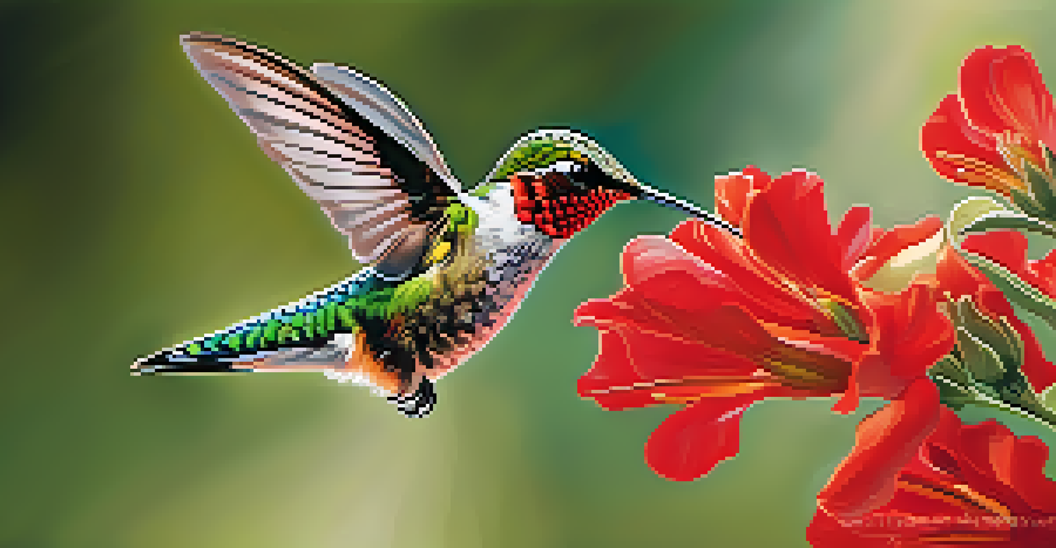 A close-up shot of a hummingbird feeding from a bright red flower with blurred background.
