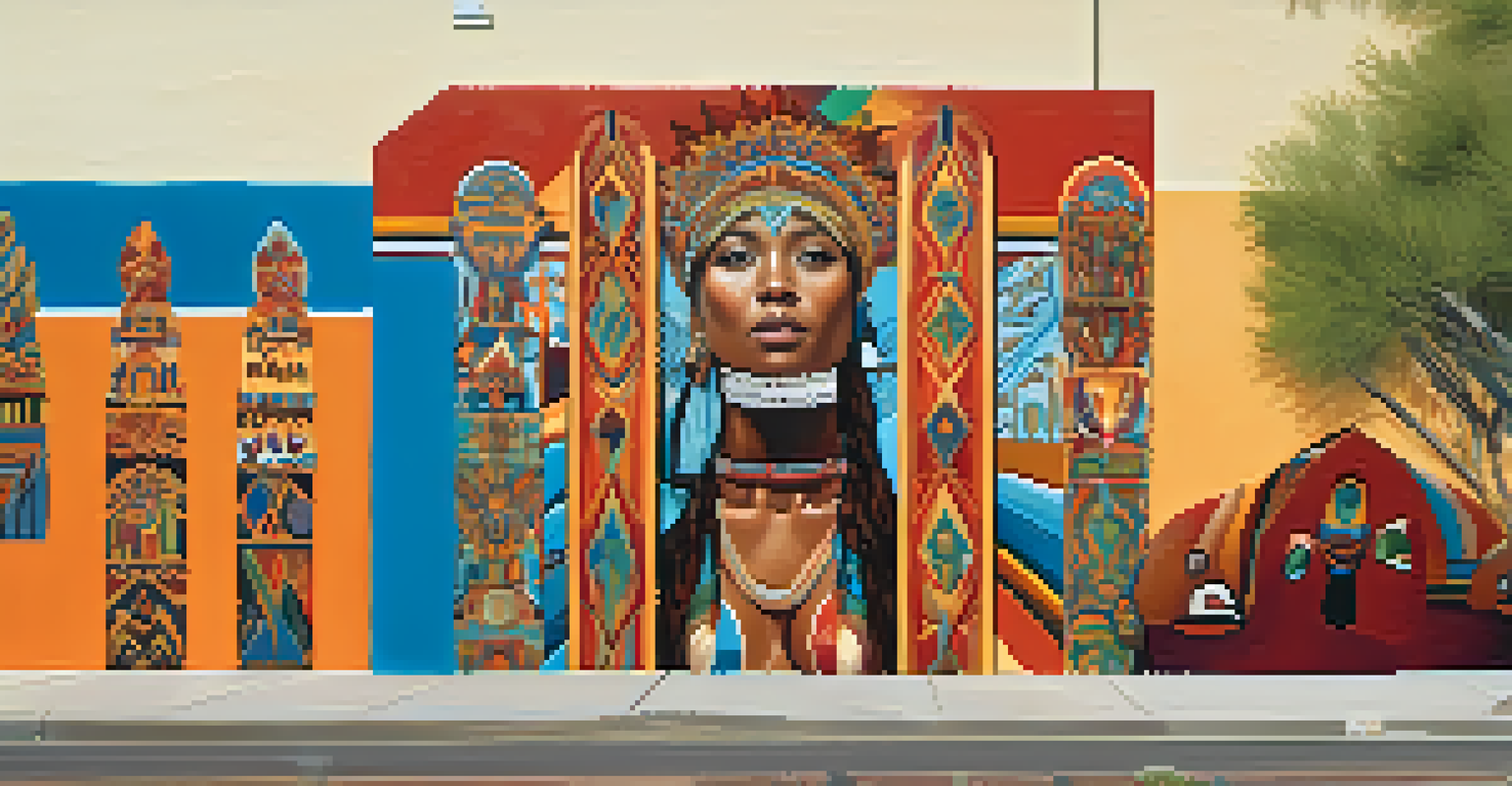 A vibrant mural in Tucson's Presidio District showcasing cultural symbols and artistic expressions.