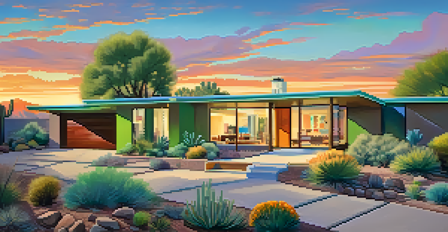 A mid-century modern home with large windows and a sleek design, surrounded by green trees and colorful desert flowers during sunset.