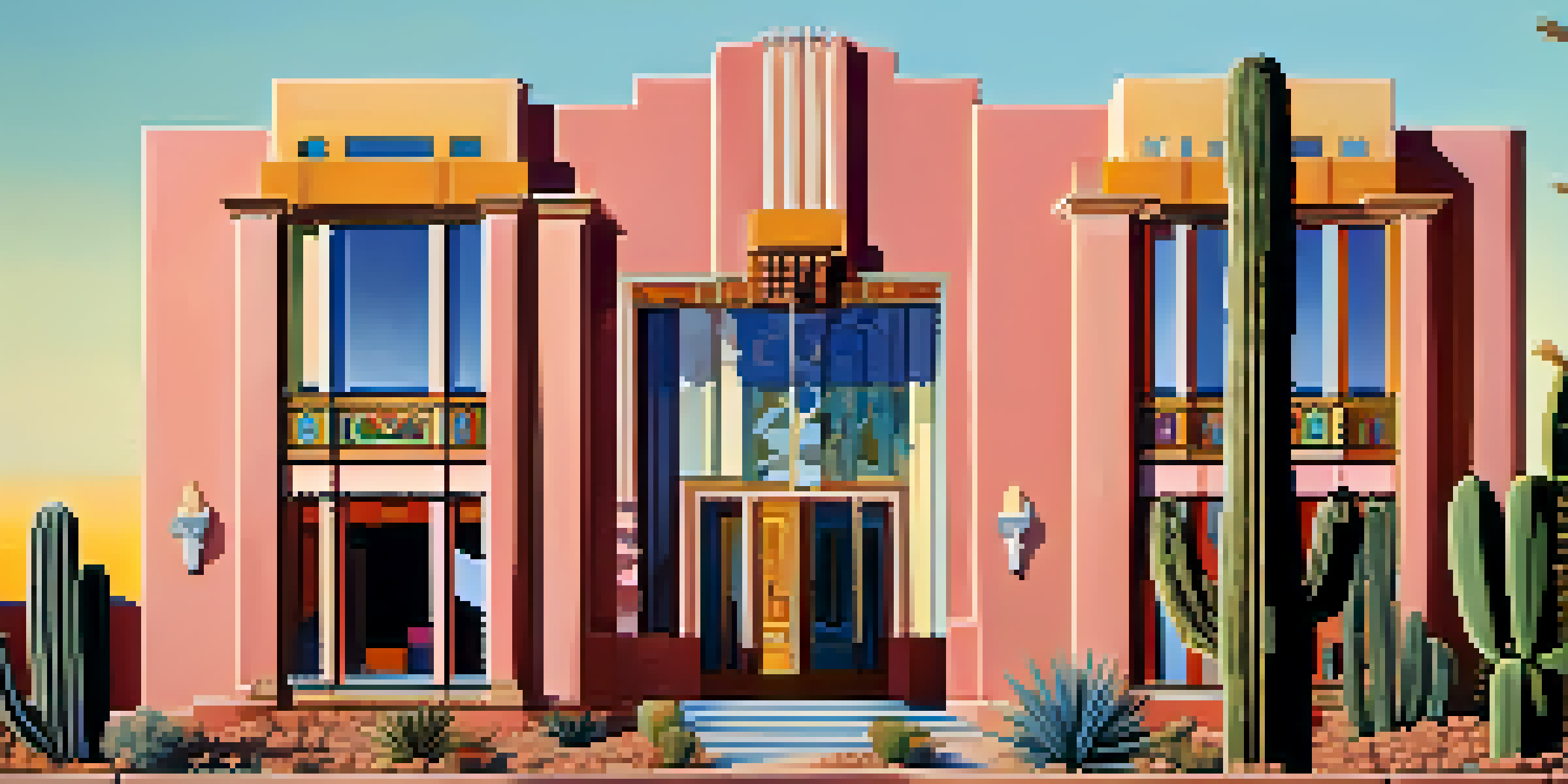 A colorful Art Deco building in Tucson with geometric designs and floral motifs, surrounded by desert scenery.