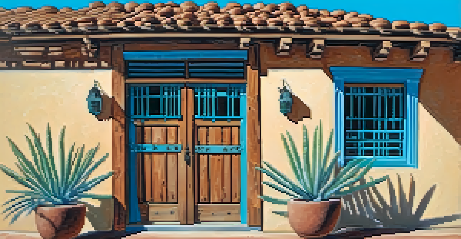 A close-up view of a historic adobe building in Tucson, highlighting its turquoise trim and textured facade under bright sunlight.