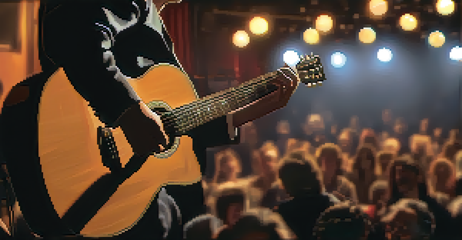 A close-up of a guitarist's hands strumming on stage during an open mic night, with warm lighting and an engaged audience in the background.