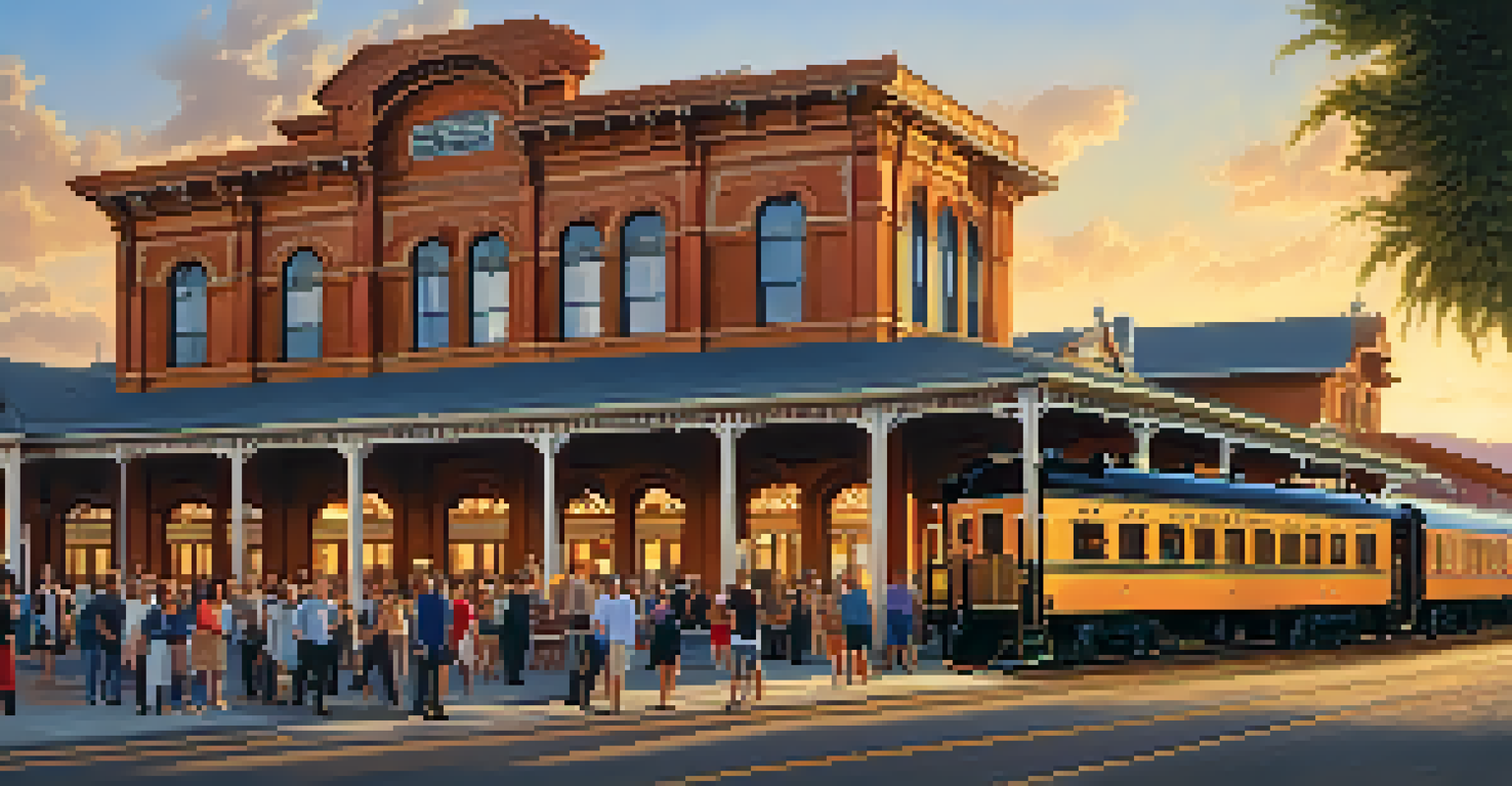A historic train depot with vintage trains and people, surrounded by restored buildings at sunset.