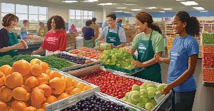 Volunteers of diverse backgrounds smiling and sorting fresh produce at a community food bank, with a bright and welcoming atmosphere.