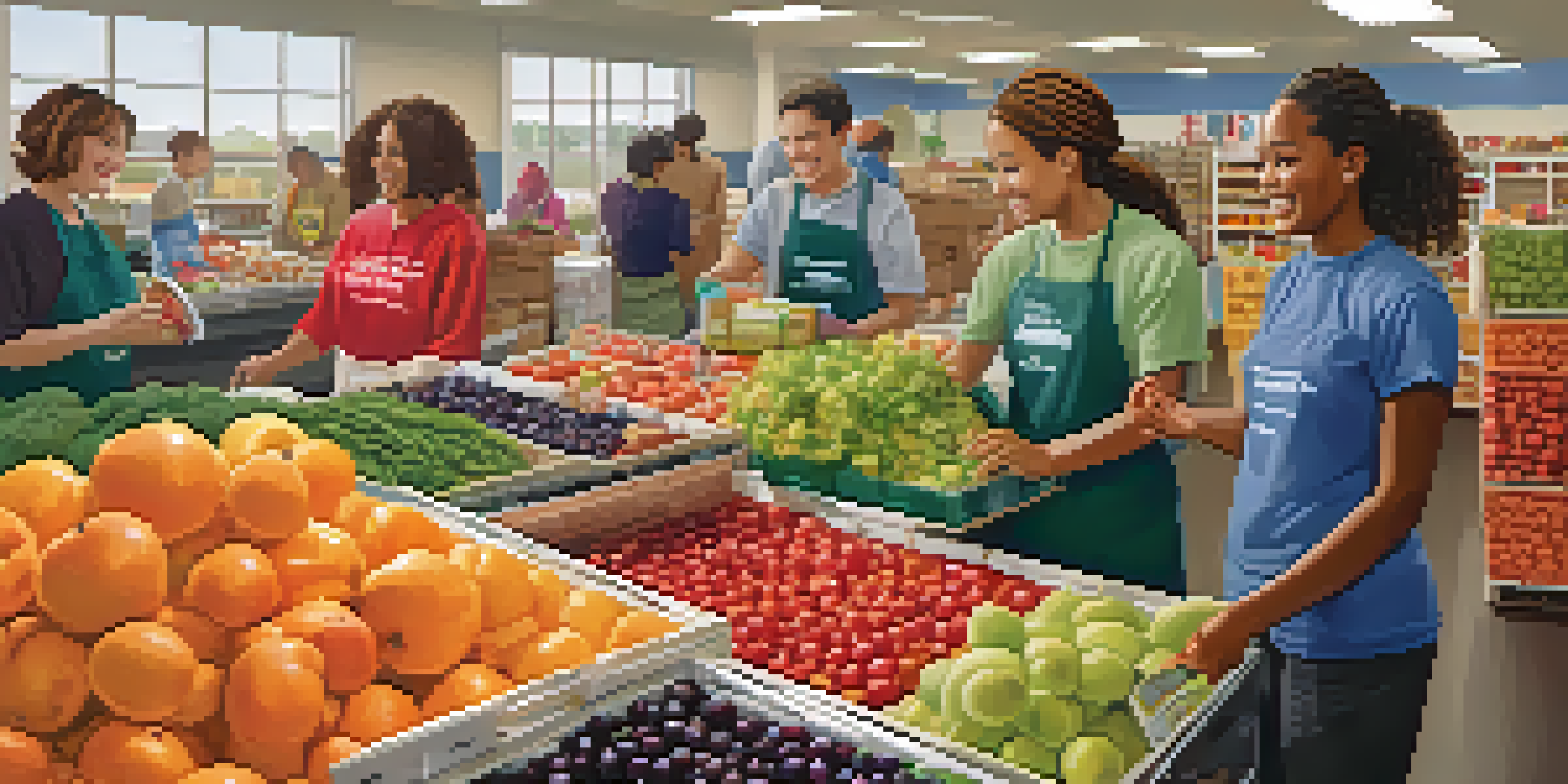 Volunteers of diverse backgrounds smiling and sorting fresh produce at a community food bank, with a bright and welcoming atmosphere.