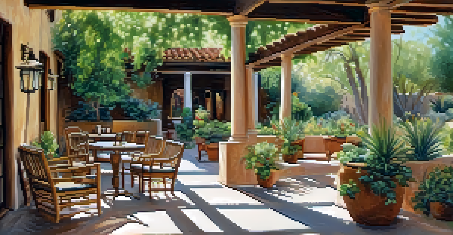 A charming courtyard at the Arizona Inn featuring wooden furniture and lush plants, with sunlight casting gentle shadows, creating a cozy atmosphere for guests.
