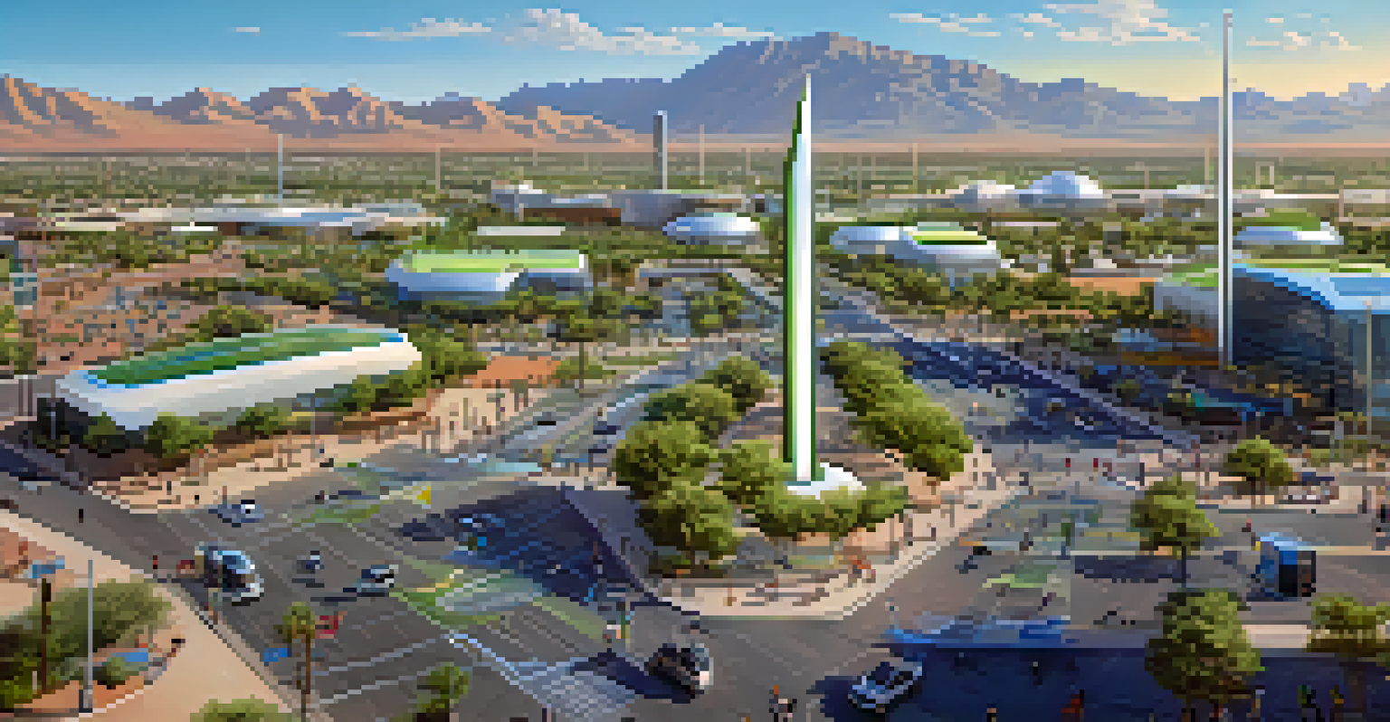 A futuristic depiction of Tucson as a smart city with advanced technology, featuring 5G towers, solar panels, and people using smart devices.