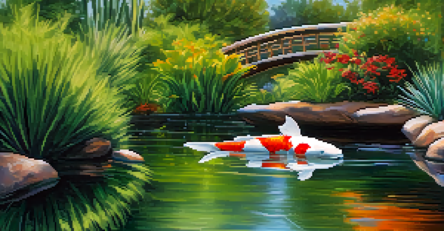 The 'Koi Fish' sculpture in the Tucson Botanical Gardens, surrounded by greenery and flowers, with visitors enjoying the peaceful setting.