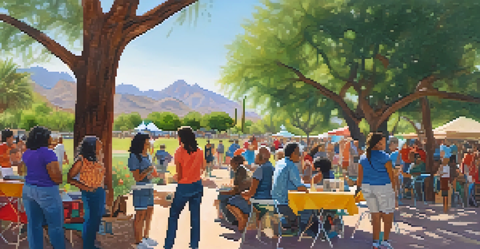 A diverse group of residents in Tucson gathered in a park discussing environmental justice, with colorful banners and local art around them.