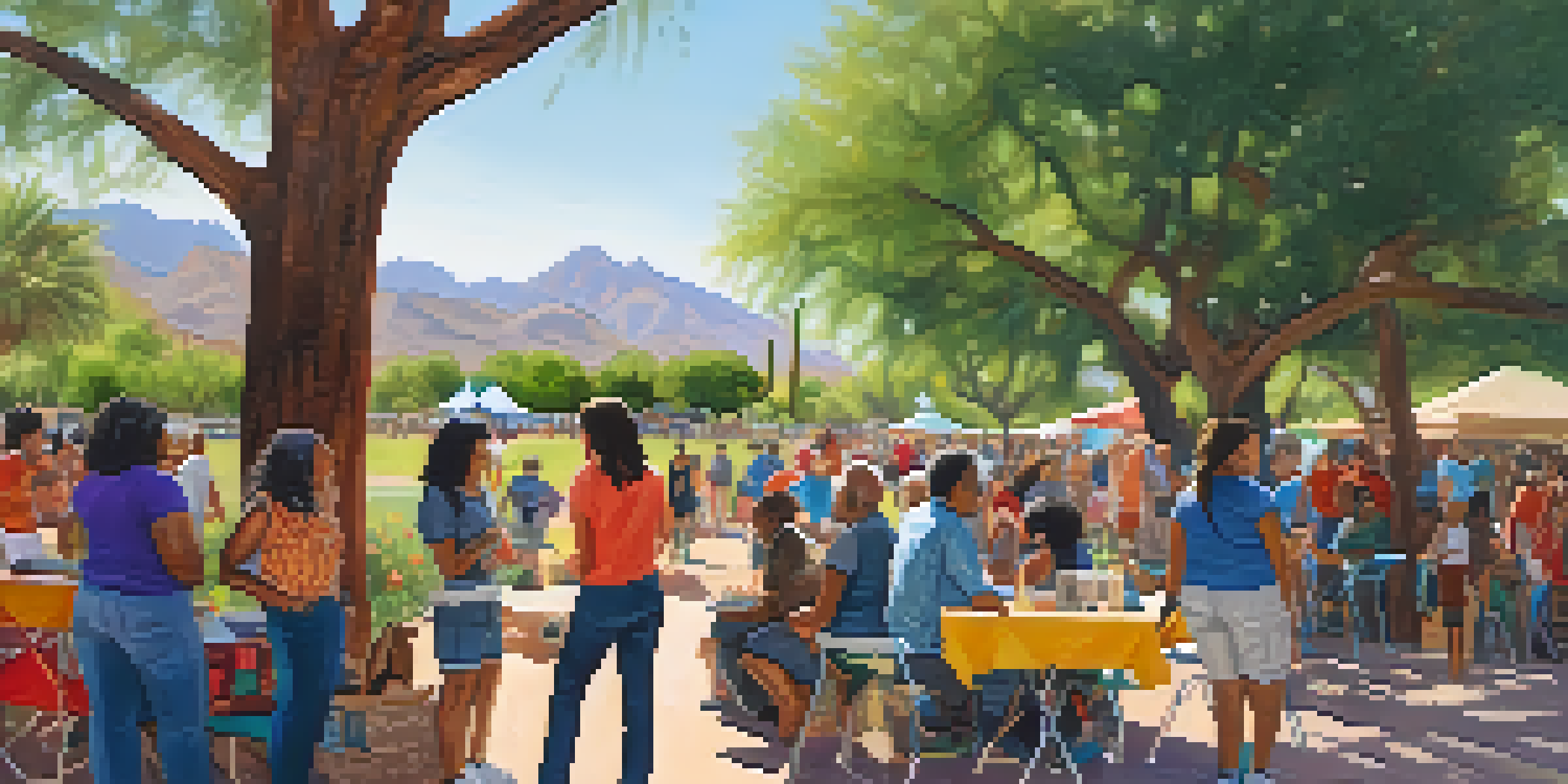 A diverse group of residents in Tucson gathered in a park discussing environmental justice, with colorful banners and local art around them.