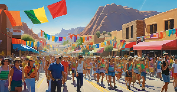 A lively scene of a Tucson Pride parade with diverse participants, colorful flags, and a sunny desert backdrop.