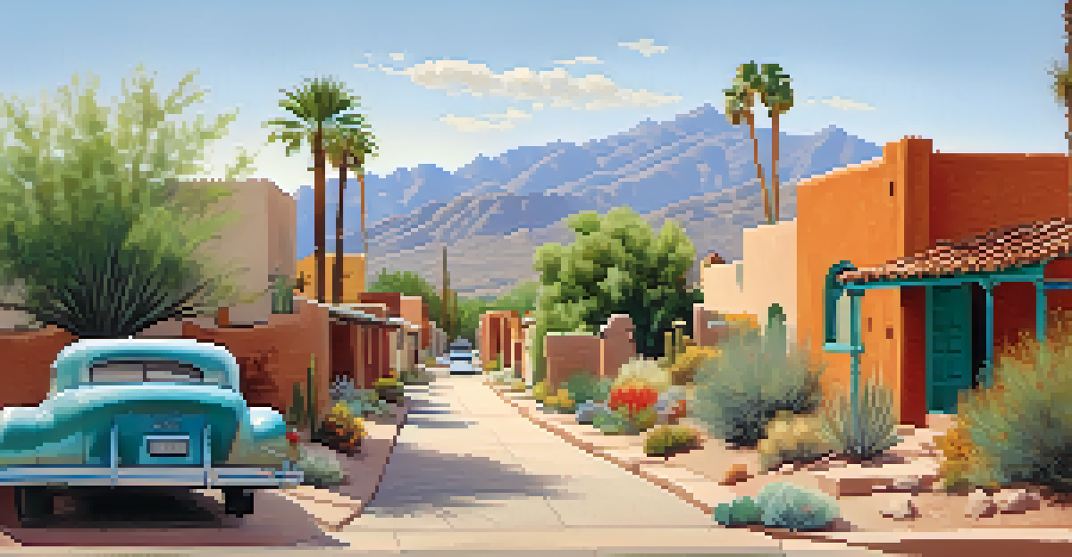 A street view in Tucson showcasing a mix of architectural styles with colorful stucco buildings and native plants.