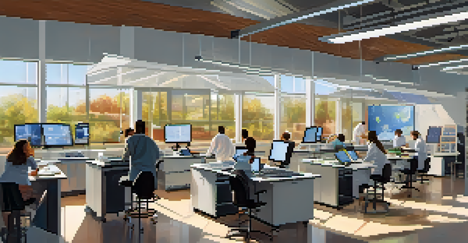 A research lab with students and researchers collaborating on solar energy projects, filled with sunlight and modern equipment.
