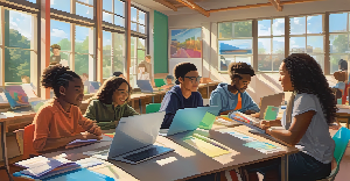 A diverse group of students in a colorful classroom engaged in hybrid learning activities.