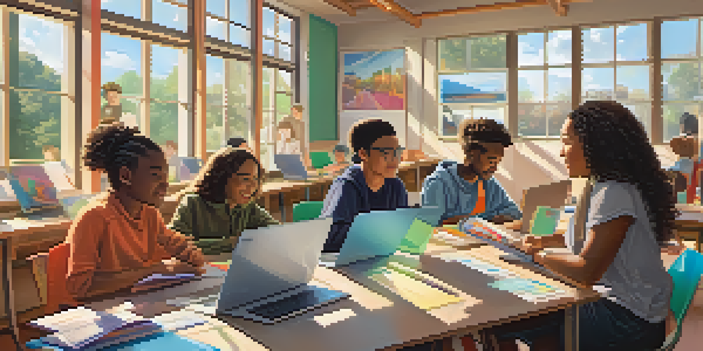 A diverse group of students in a colorful classroom engaged in hybrid learning activities.