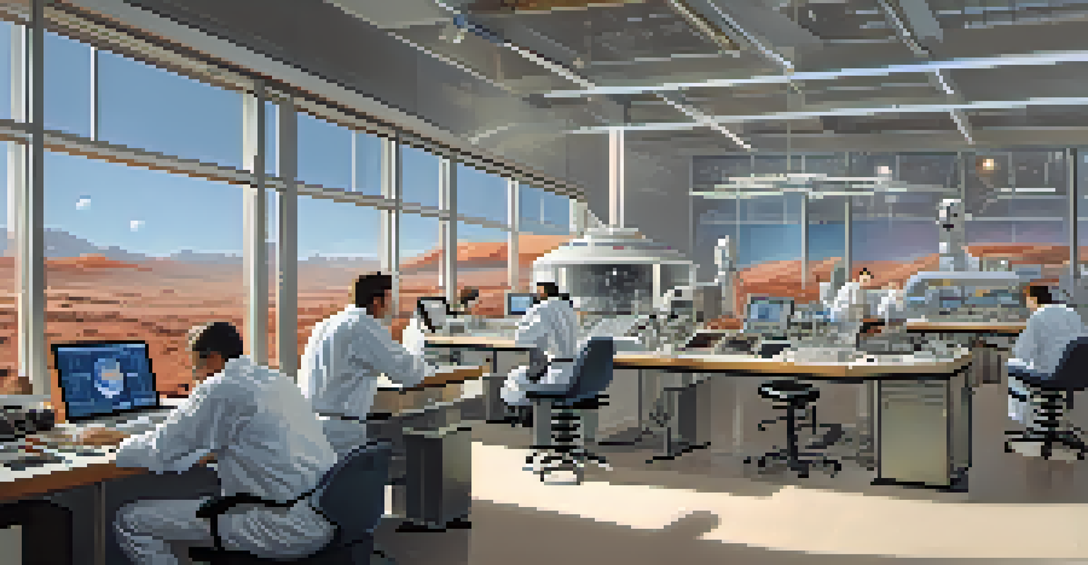 Interior of the Lunar and Planetary Laboratory with scientists working on Mars models and high-tech equipment.