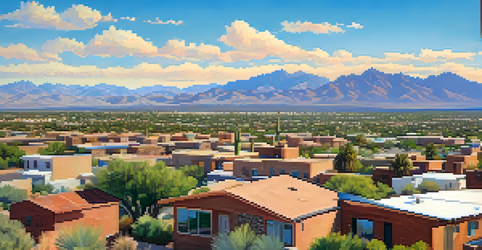 A scenic view of Tucson, Arizona with solar panels on rooftops and mountains in the background under a clear blue sky.