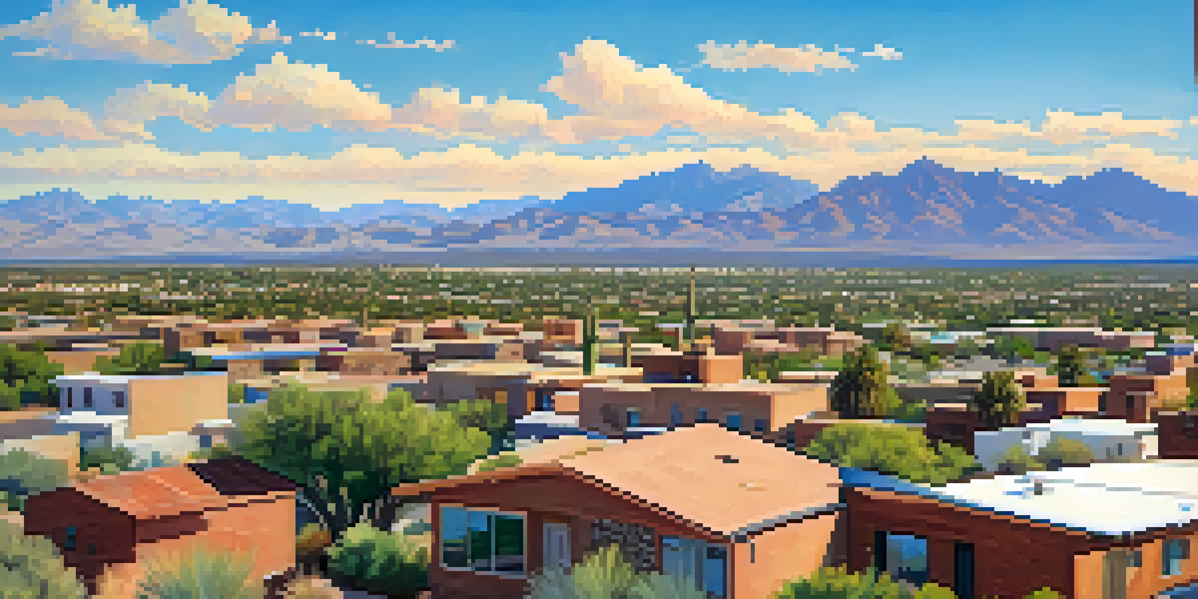 A scenic view of Tucson, Arizona with solar panels on rooftops and mountains in the background under a clear blue sky.