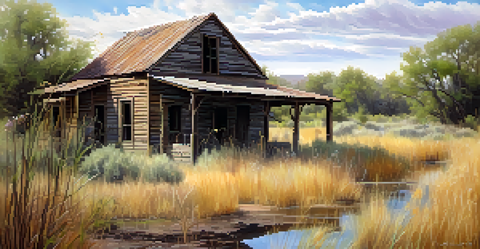 The ghost town of Fairbank with old buildings beside the San Pedro River, framed by tall grasses and wildflowers.