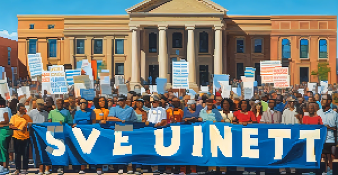 A diverse group of protesters in Tucson holding colorful banners for civil rights under a sunny sky.