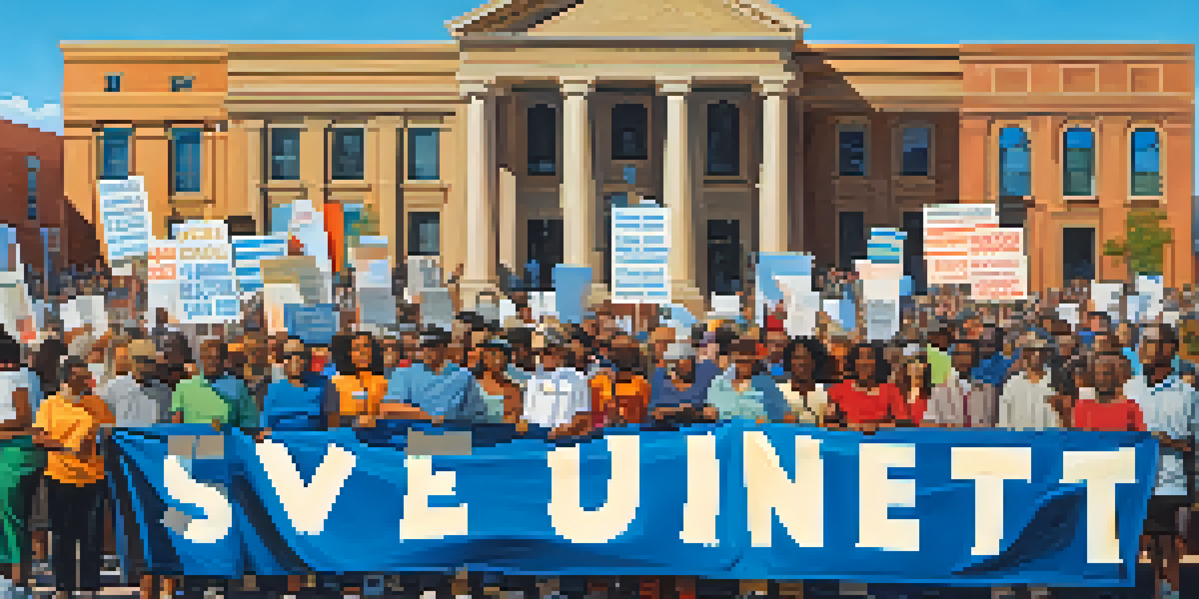 A diverse group of protesters in Tucson holding colorful banners for civil rights under a sunny sky.