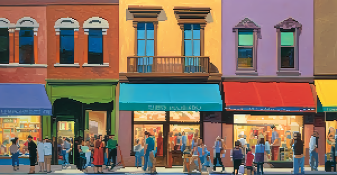 A lively street scene during Tucson's art walk with people exploring galleries, colorful artwork, and street performers under warm lights.