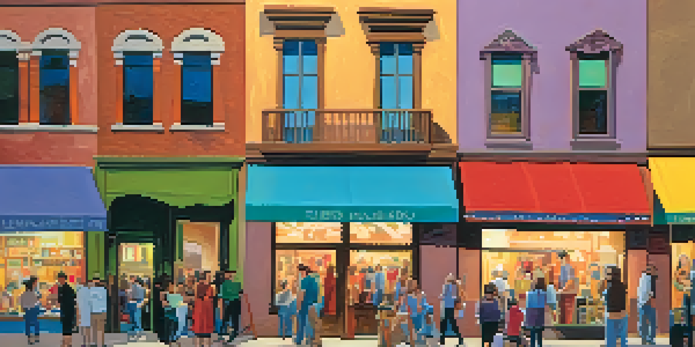 A lively street scene during Tucson's art walk with people exploring galleries, colorful artwork, and street performers under warm lights.