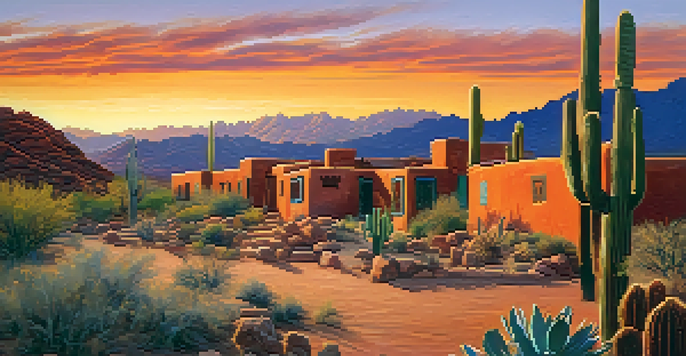 A scenic view of Tucson, highlighting Indigenous pottery and murals at sunset with a colorful sky and desert landscape.