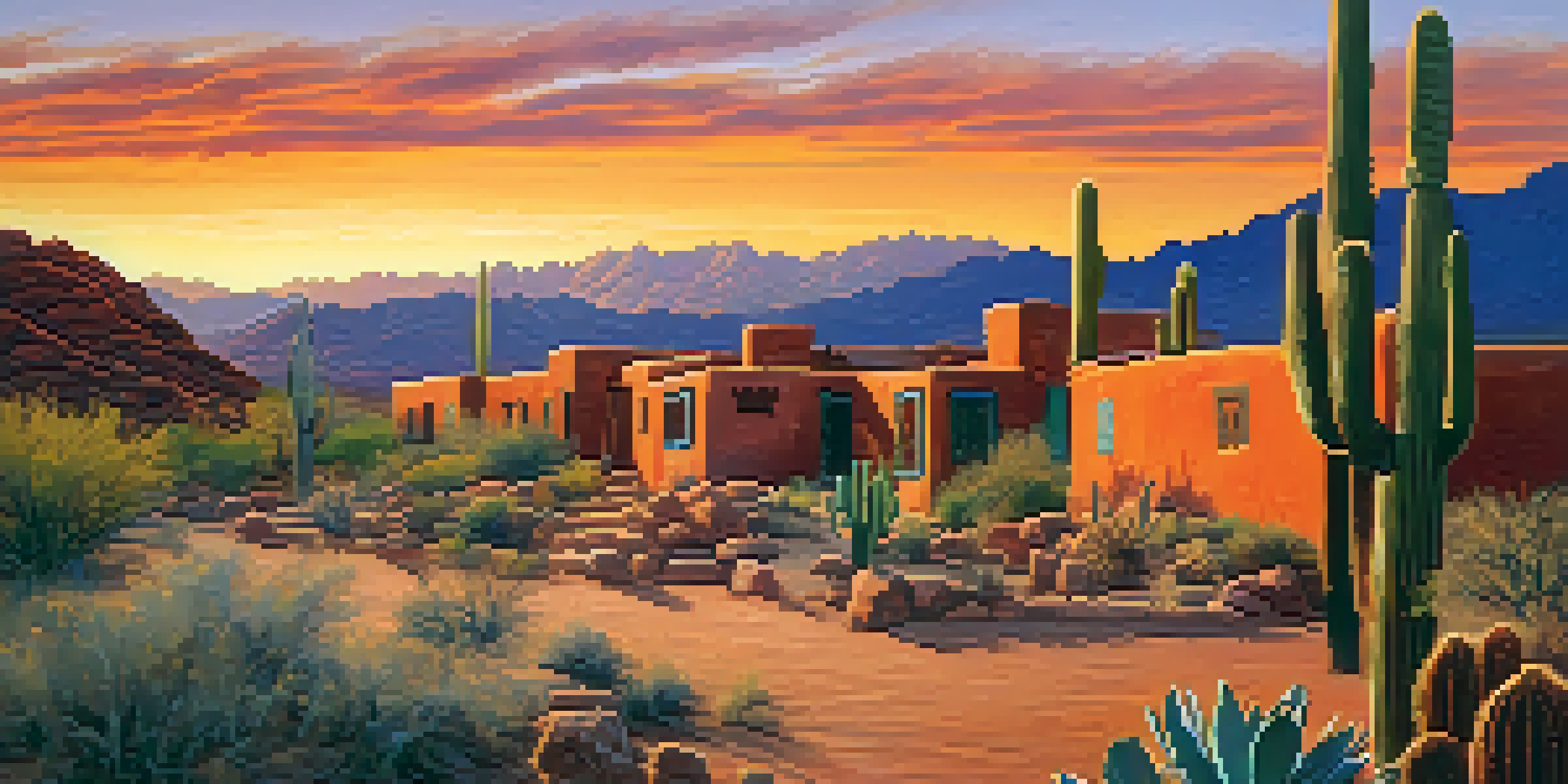 A scenic view of Tucson, highlighting Indigenous pottery and murals at sunset with a colorful sky and desert landscape.