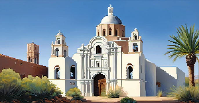 A beautiful white Spanish mission with intricate architecture, surrounded by desert plants under a bright blue sky.