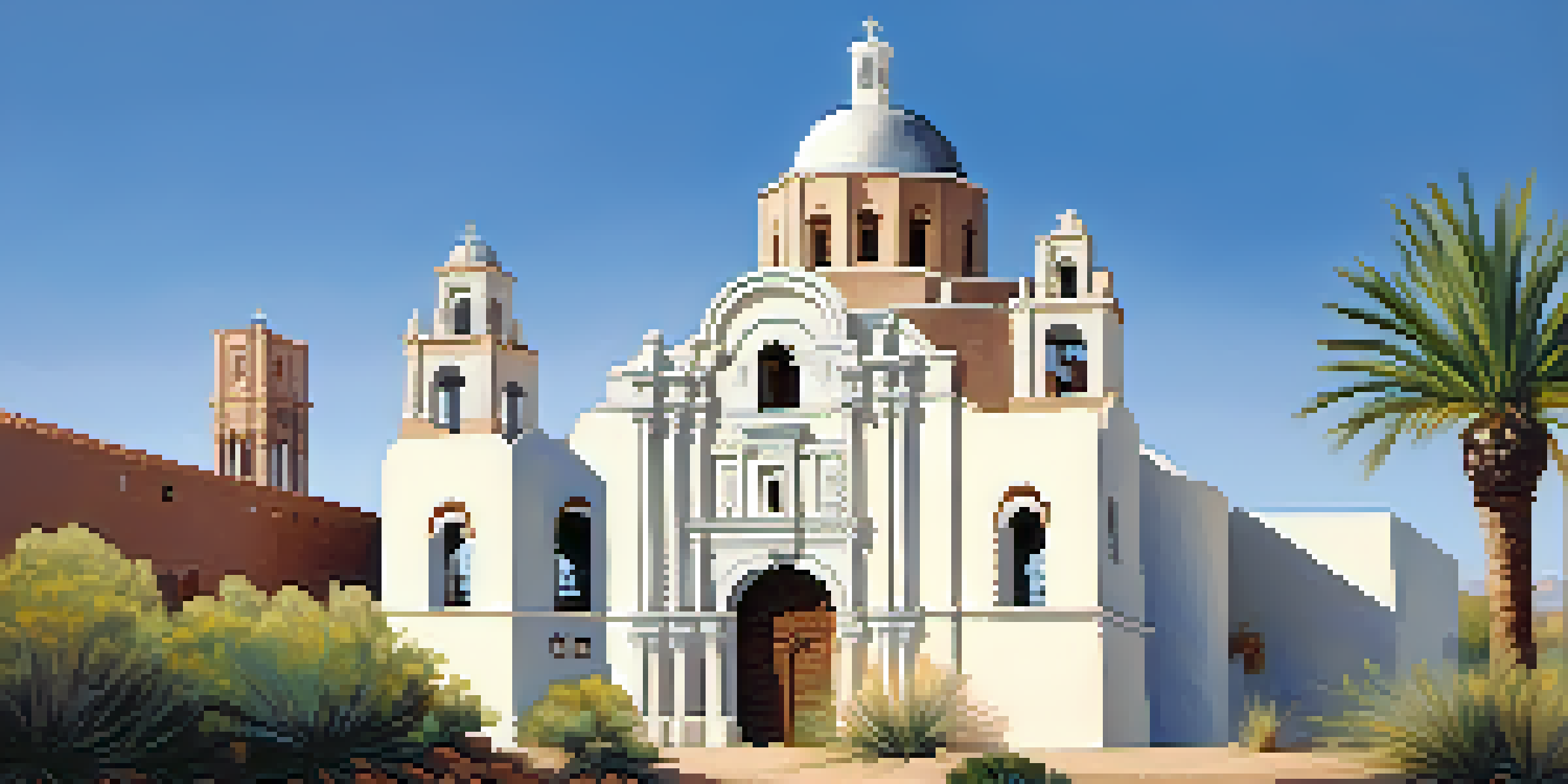 A beautiful white Spanish mission with intricate architecture, surrounded by desert plants under a bright blue sky.