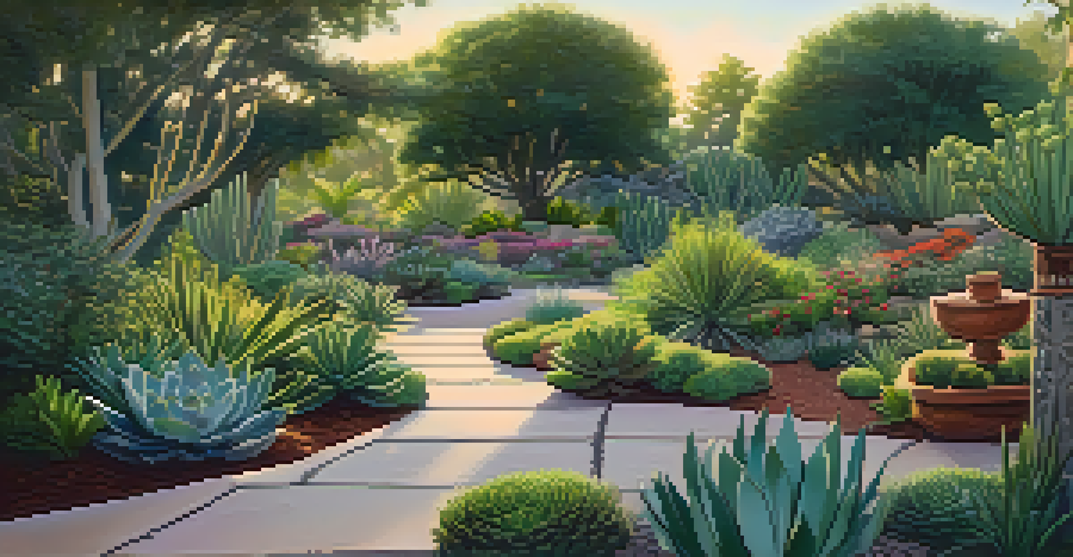 A beautifully landscaped botanical garden featuring various native plants, with pathways and educational signs, illuminated by soft evening light.